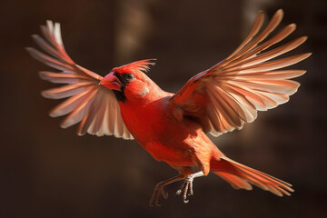 Northern Cardinal Bird in Flight on Dark Background . AI generated Illustration. - 584867606