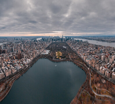 Manhattan and central park aerial view on a gloomy day