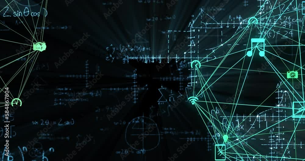 Poster animation of connected icons forming globe over mathematical equations, diagrams on black background