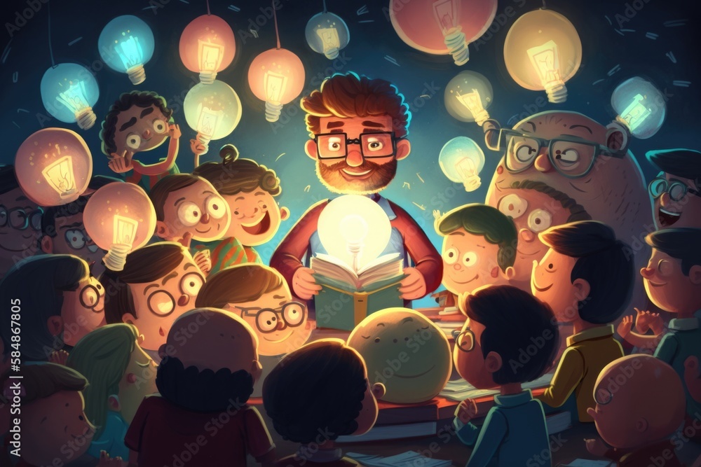 Poster a man reading a book surrounded by a crowd of people with glowing lights workshop animation content 