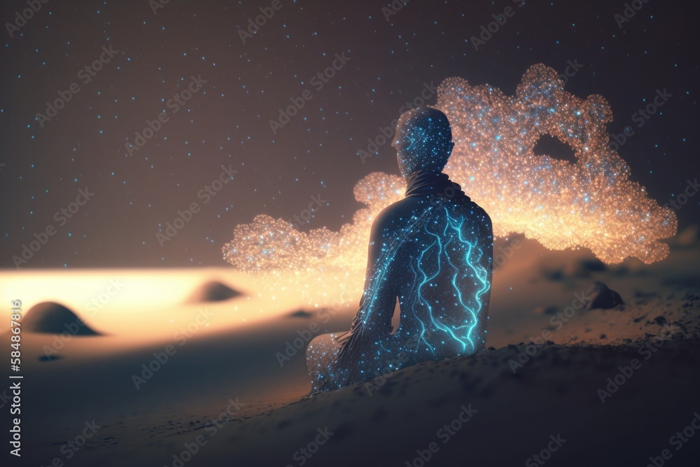 Poster a man sitting in the middle of a desert with a sky background desert video art motion graphics gener