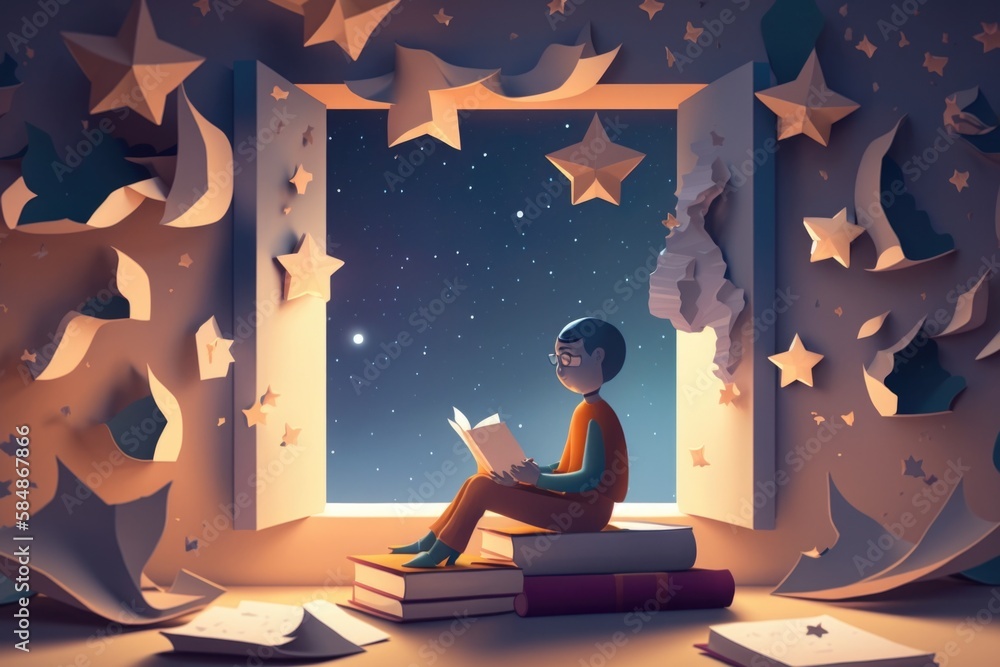 Poster a person sitting on a book and reading a book in front of a window library paper cutting literacy ed