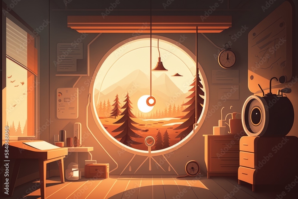 Poster A Room With A Window And A Desk With A Clock On It Mountain Cabin Animation Set Design