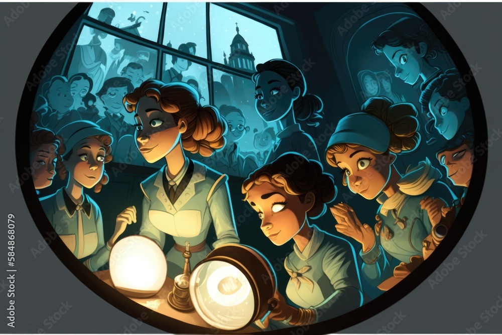 Poster A Group Of People Standing Around A Table With A Lamp On It Hostel Stereoscopic Photography Science Education Generative AI 