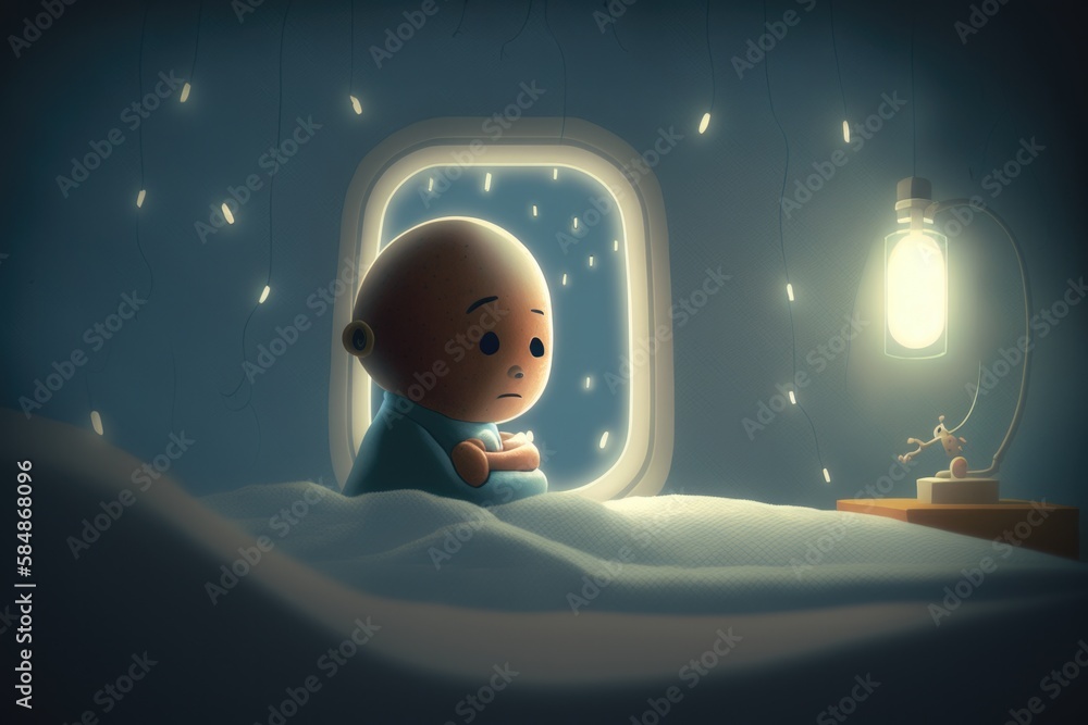 Aufkleber a cartoon character sitting in bed looking out of a window at a light tundra animation animation fil