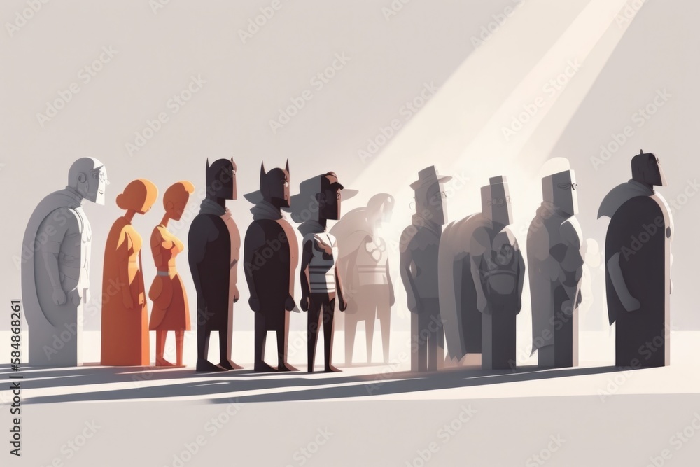 Poster a group of people standing in a line with a light shining on them car dealership animation crowdfund