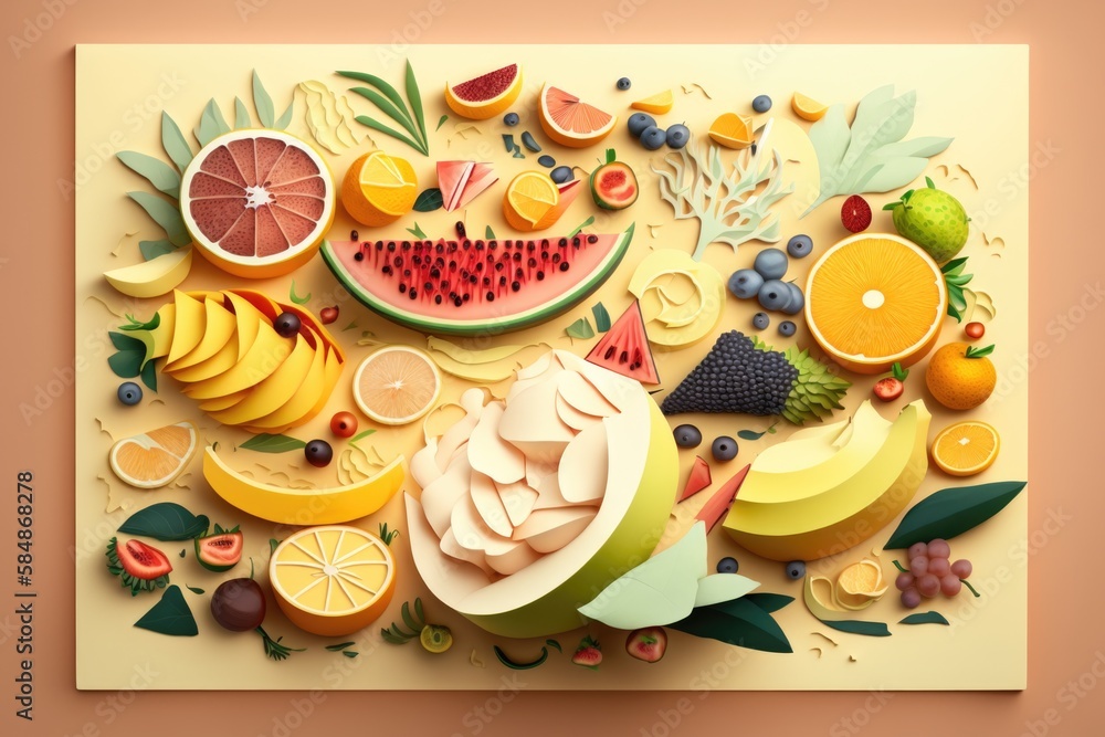 Poster a paper cut of fruit and vegetables on a yellow background with a pink background supermarket graphi
