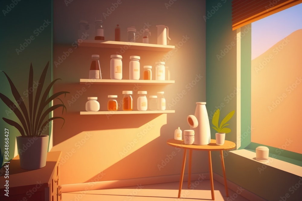 Poster a room with shelves and a table with bottles on it and a potted plant supermarket animation motion g