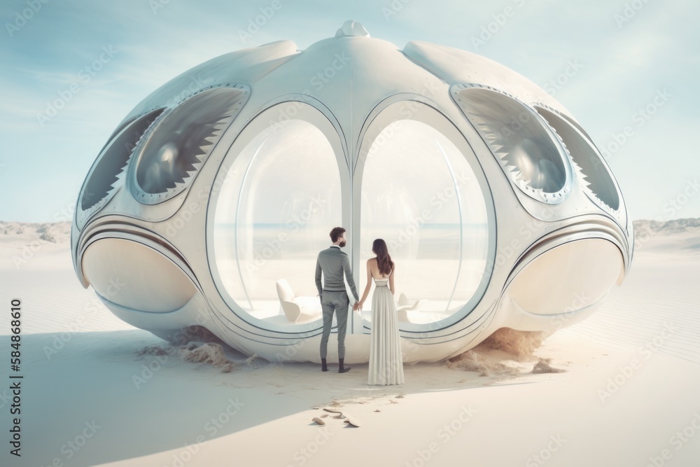 Poster a couple standing in front of a large white object in the desert beach house environmental art archi
