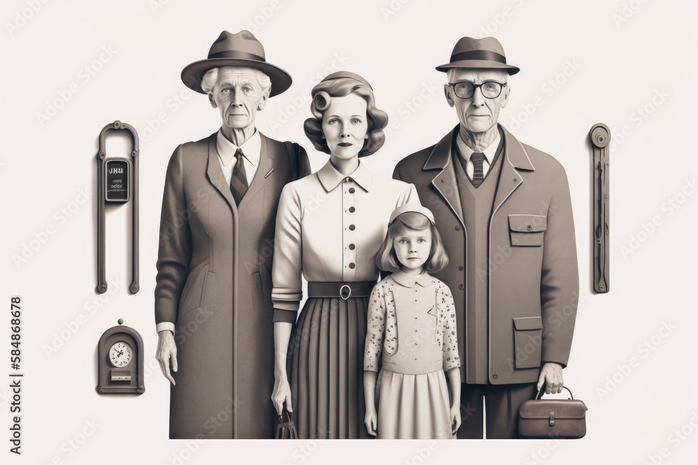 Poster a family of three standing next to each other in front of a clock zoo dadaism advertising design gen