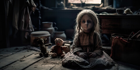 Fototapeta na wymiar Creepy Doll in Dusty Attic: Horror and Suspense Generative AI