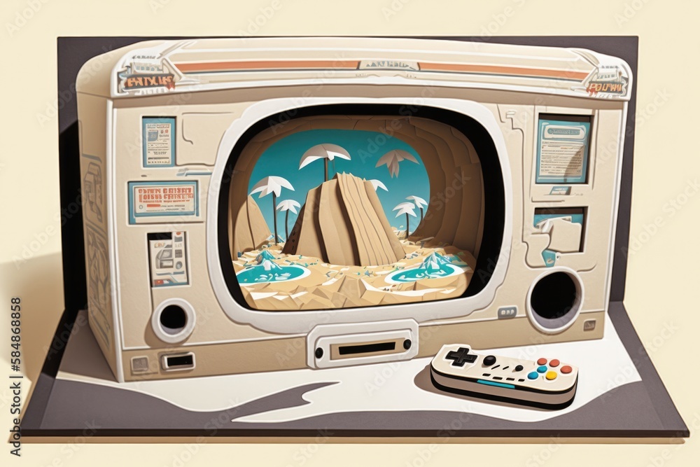 Poster a cartoon of a tv with a remote control in front of it oasis environmental art computer graphics