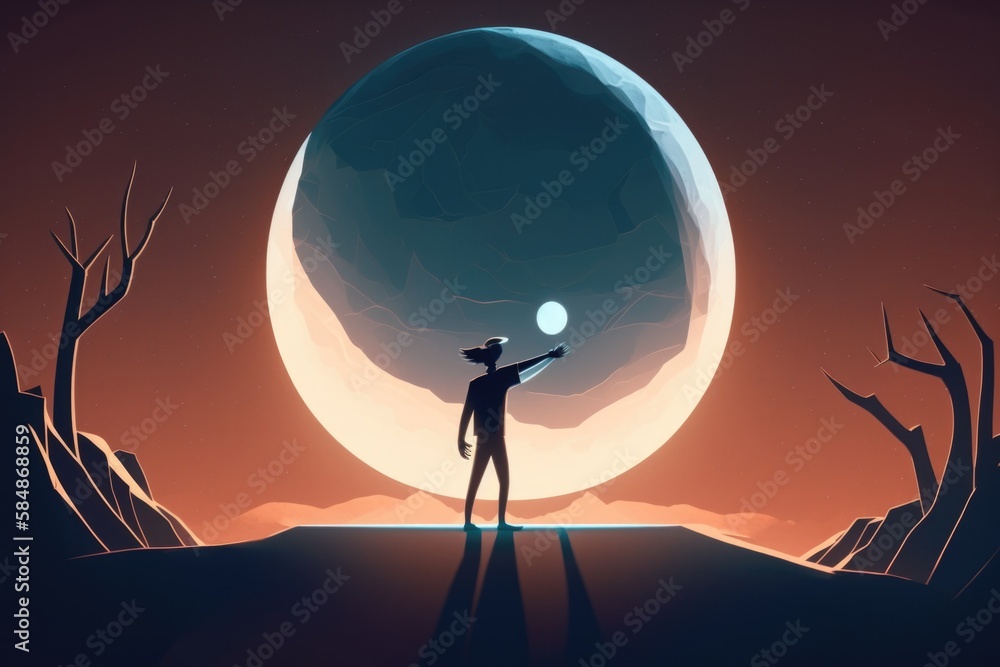 Poster a man holding a light bulb in front of a giant moon lunar landscape animation game design generative