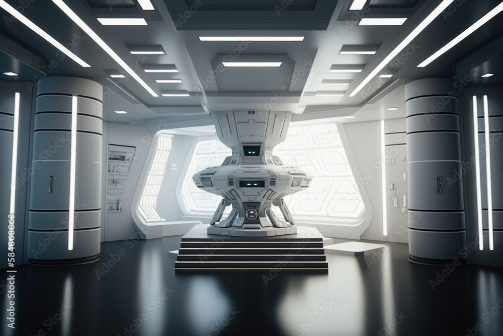 Poster a futuristic space station with a large white object in the center conference room animation set des