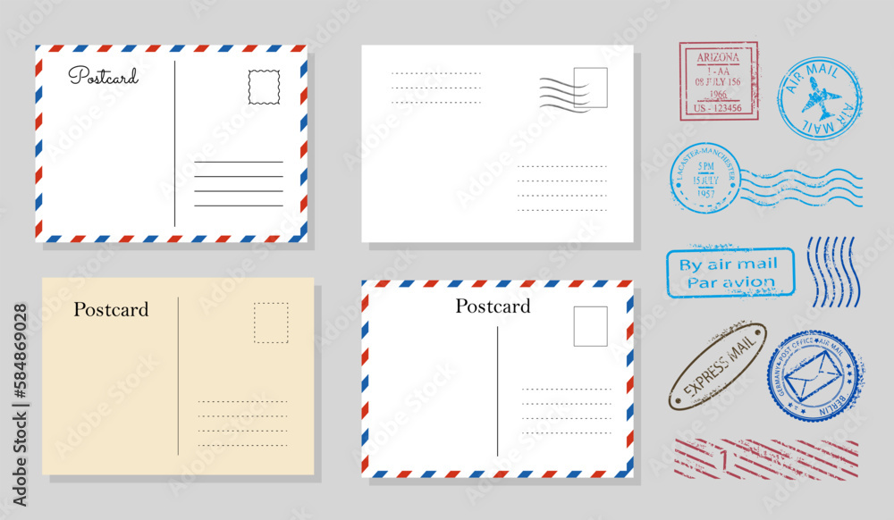 Fototapete blank travel postcard set. collection of graphic elements for website. envelopes and stamps. sending