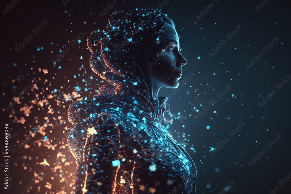 Poster a woman's profile with a glowing background and stars around her workshop animation computer graphic