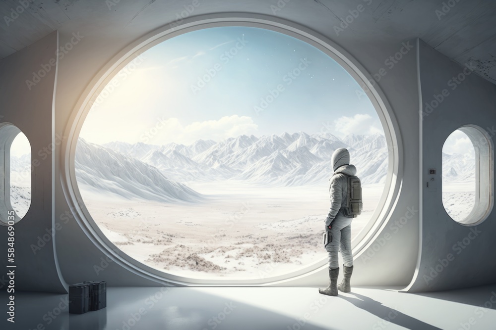 Poster a man standing in front of a round window looking out at a snowy landscape lunar landscape photoreal