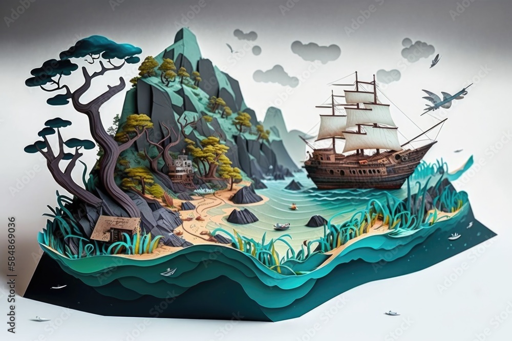Poster a paper cut of a ship sailing on the ocean with a mountain in the background kelp forest paper cutti