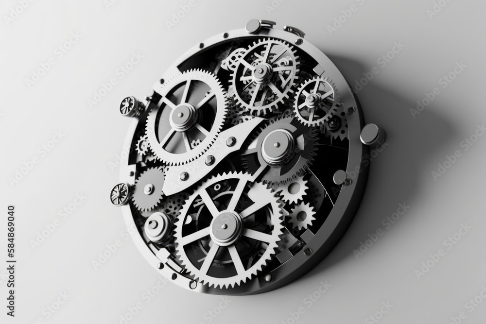 Poster a clock with gears on it is shown in black and white factory kinetic art supply chain optimization g