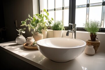 Naklejka na ściany i meble A Plant Pot Adds Life to a Modern Home: Close-Up of White Vanity Ceramic Wash Basin, Generative AI