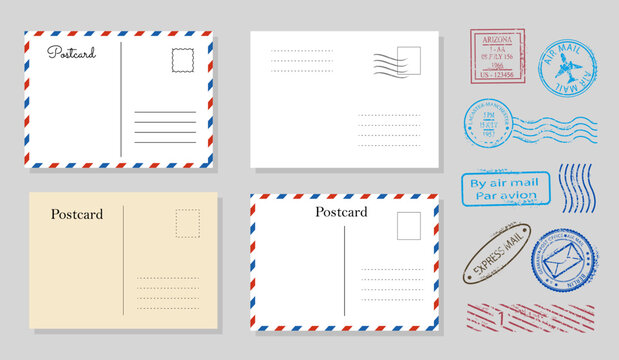 Blank travel postcard set. Collection of graphic elements for website. Envelopes and stamps. Sending letter via mail, communication. Cartoon flat vector illustrations isolated on grey background