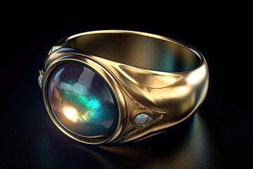 Magical Three-Dimensional Gold Ring with Gem: An Elegant and Shiny Jewellery Object Symbolizing Endless Possibilities: Generative AI