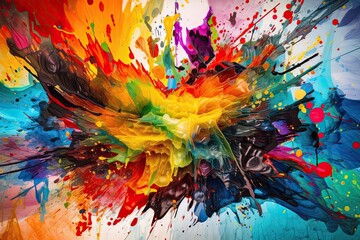 Kaleidoscopic Visual Dance: Vibrant Explosion of Multi-Coloured Paint on Bright Background: Generative AI