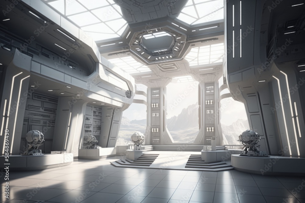 Poster a futuristic looking room with a large window and a staircase leading to the second floor military b