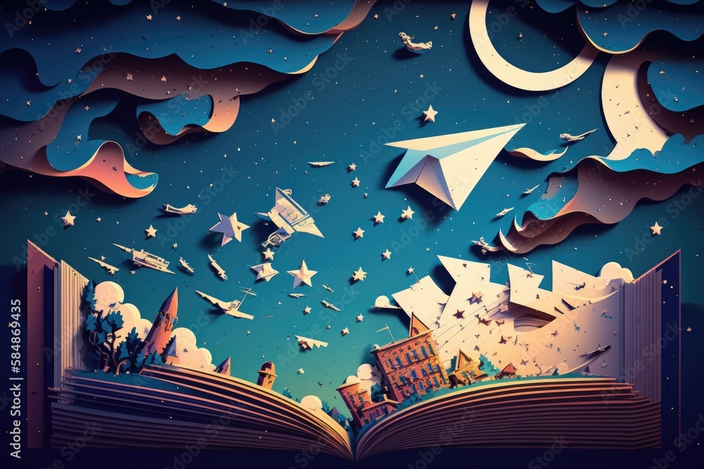 Poster a book with a paper airplane flying over it and stars and clouds library found object art mathematic
