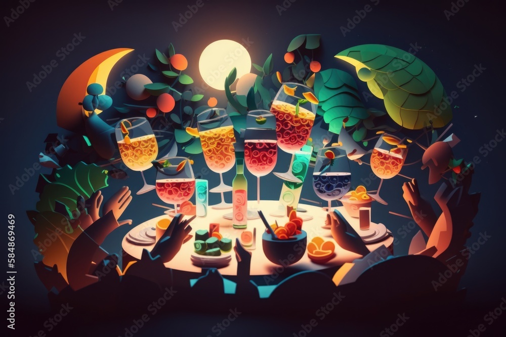 Poster a table with a lot of drinks on it and a turtle on the table restaurant paper cutting food and bever