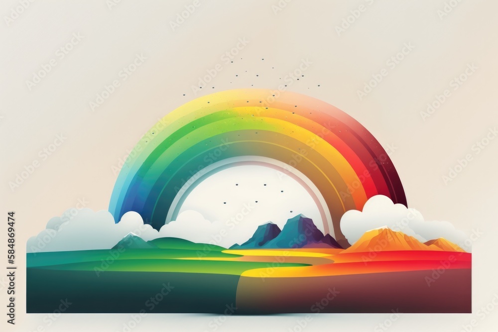 Poster a rainbow colored landscape with mountains and clouds in the background and a white sky lunar landsc
