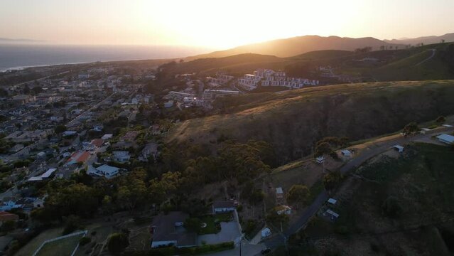2022 - good aerial at sunset over hillside community neighborhood in Ventura, California.