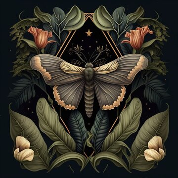 Enigmatic Botanical Portrait of an Imaginary Moth Species. [Fantasy, Historic, Horror, Natural Science Illustration.]