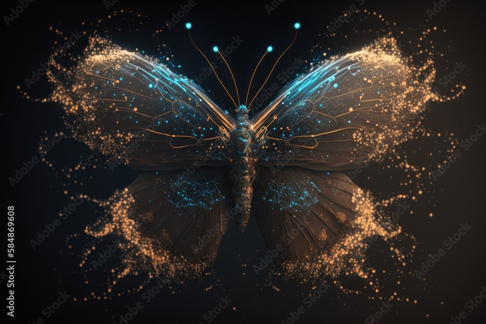 Poster a butterfly with blue and yellow wings flying through the air with stars all around it zoo animation