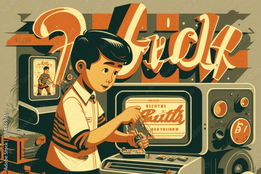 Poster a boy is playing a game on a tv set with a radio factory typography television production generative
