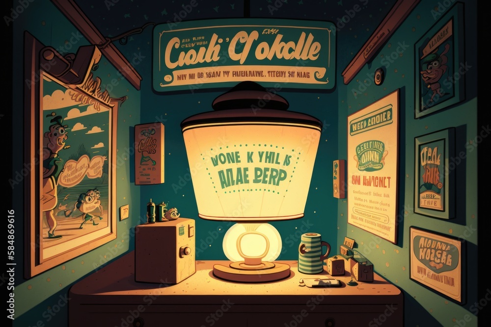 Poster a room with a lamp and a desk with a lamp on it workshop animation poster design