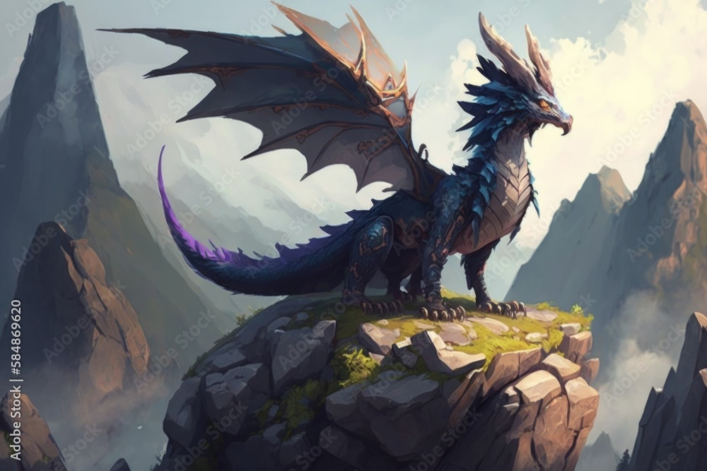 Poster a dragon sitting on top of a rock formation with mountains in the background tundra digital art comp