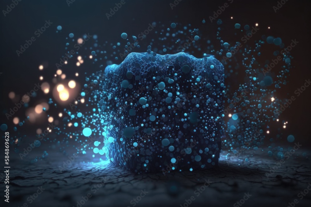 Poster a blue object with bubbles floating around it on a dark surface deep sea trench macro photography mo