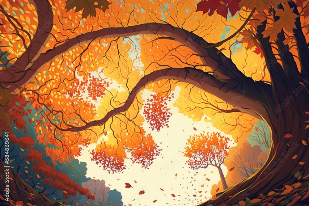 Poster a painting of a tree with leaves on it's branches autumn forest animation animation generative ai