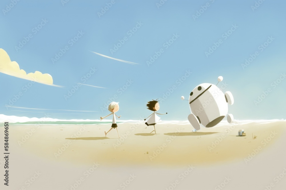 Poster a couple of people are running on the beach with a robot beach animation animation filmmaking
