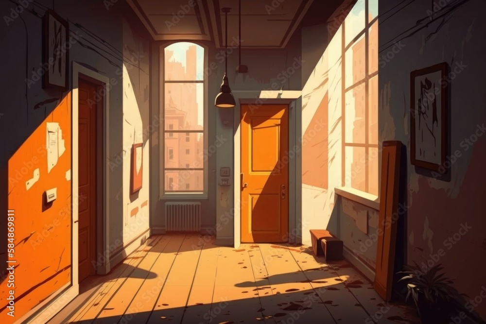 Poster a hallway with a door and a window in it with a light coming through abandoned warehouse in the afte