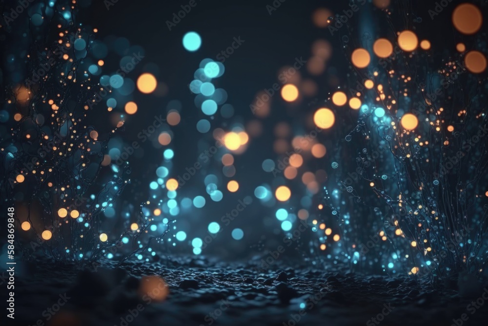 Poster a dark background with many lights and bubbles in it and a blurry image of a deep sea trench animati