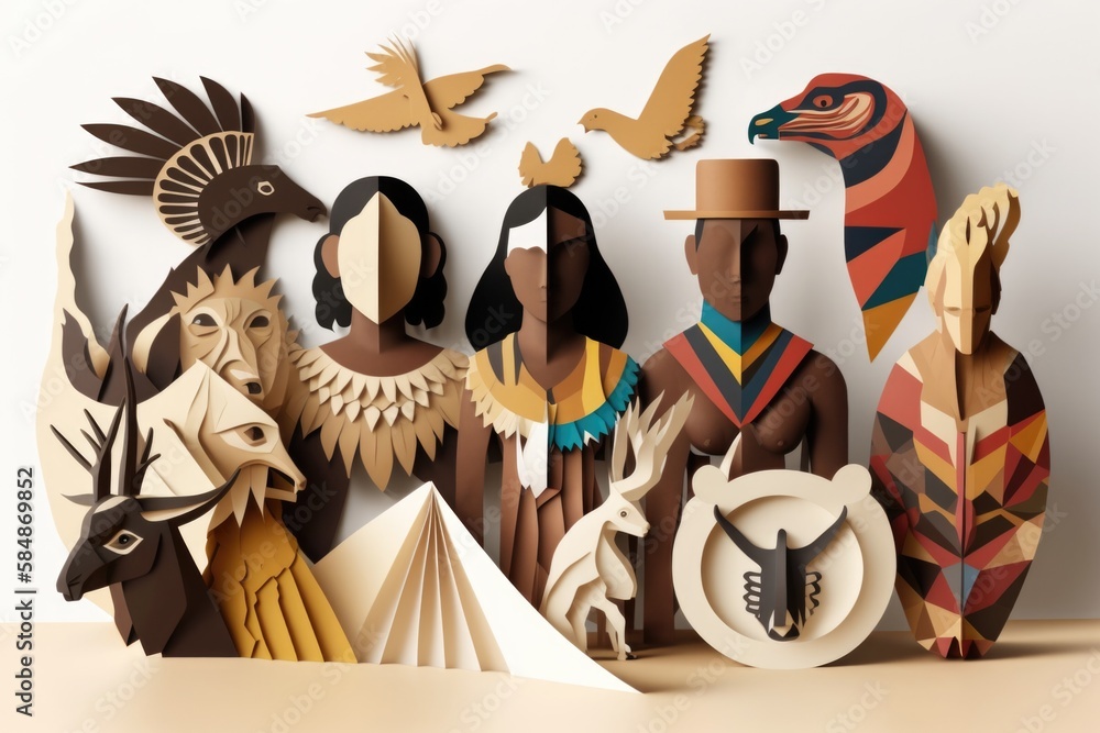 Aufkleber a group of paper cut out of native americans and animals with a bird zoo paper cutting branding and 