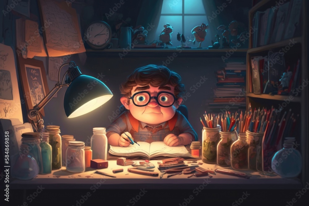 Poster a boy is sitting at a desk with a book and a lamp library animation animation filmmaking generative 