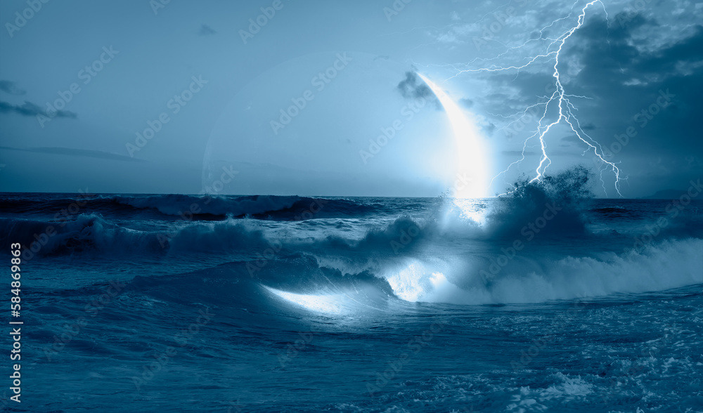 Poster Abstract dark blue background with crescent in the sea with lightning , strong waves in the foreground at night 