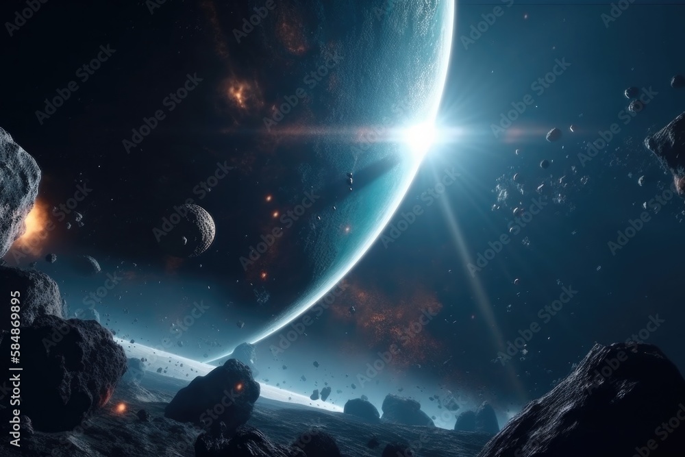 Poster a space scene with planets and stars in the background and a bright light shining on the horizon lun