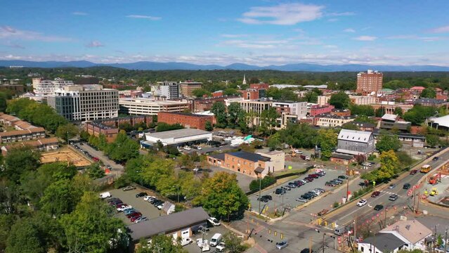 2022 - aerial establishing of Charlottesville, Virginia downtown business district.