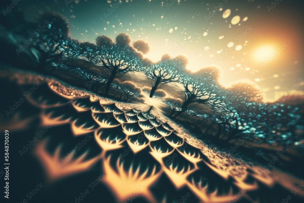 Poster a painting of a landscape with trees and a sun in the background savanna animation motion graphics g