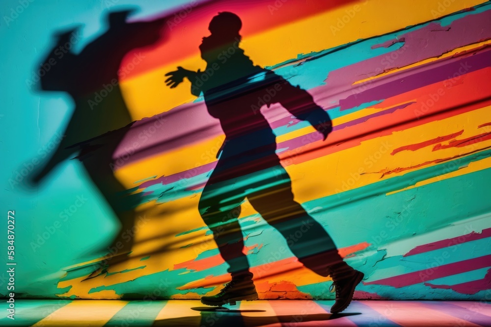 Poster a shadow of a person on a skateboard in front of a colorful wall graffiti wall video art motion grap