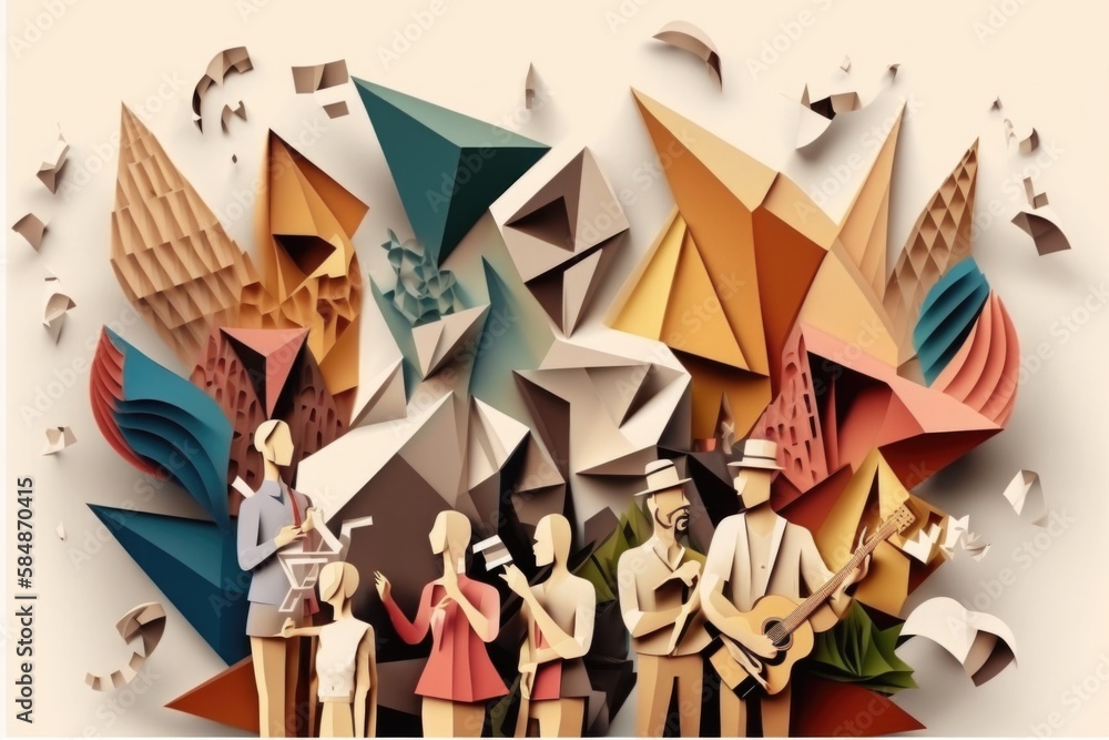 Aufkleber a group of people standing next to each other in front of a paper cut art deco building cubism motio